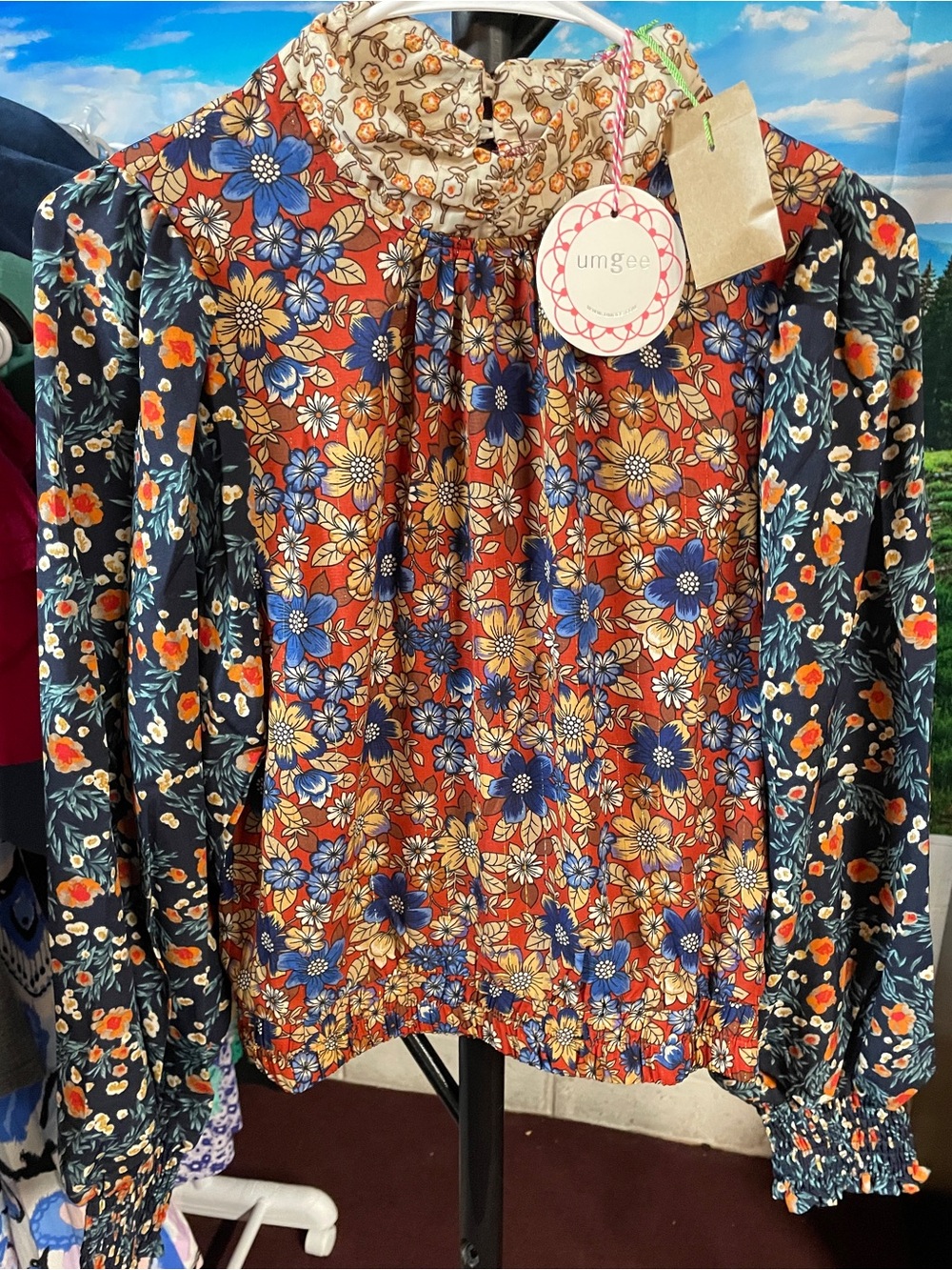 Umgee Mixed Floral Ruffle Neck Long Sleeve Top - Rust, Navy, Cream, Blue